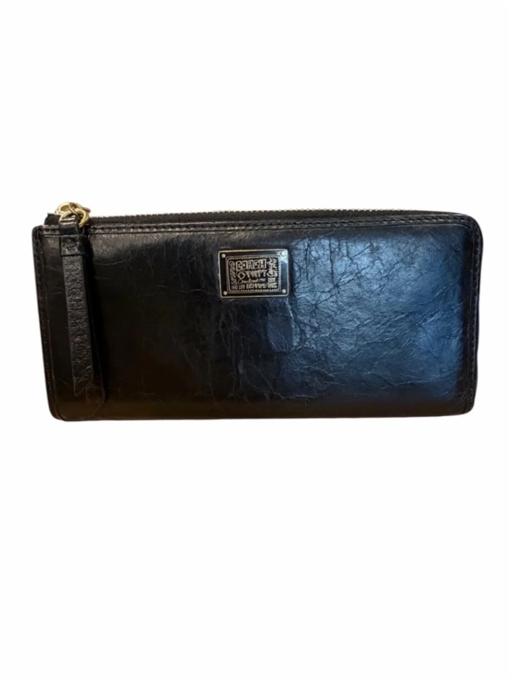 Coach Poppy Black Leather Zip Wallet with Gold Plaque